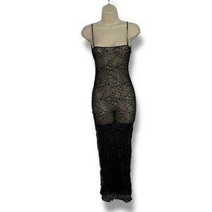 Sheer Black Spiderweb Lace Slip Dress Women's Intimates XS
